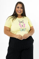 T-shirt Plus Size Tres Borboletas Strass - AMARELO BEBE 