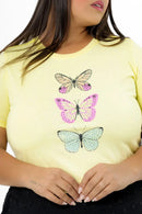 T-shirt Plus Size Tres Borboletas Strass - AMARELO BEBE 