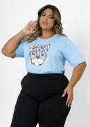 T-shirt Plus Size Buldogue Rosto Flores 